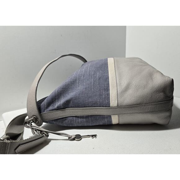 FOSSIL Maya Gray Denim Hobo Shoulder Bag Purse Pebbled Leather Fabric - Picture 11 of 16